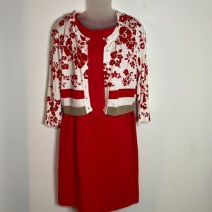 Kim Rogers 2pc Dress Set Red Sleeveless Shift & Floral Cardigan Size 12